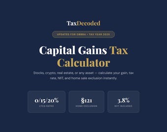 Calculadora de Impuesto sobre Ganancias de Capital 2025 / Acciones, Criptomonedas, Bienes Raíces (Descarga Digital)