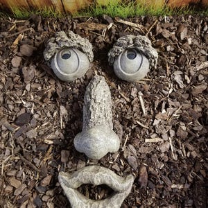 May include: A whimsical garden face sculpture composed of stone-like elements. The sculpture features two large, round eyes with textured 'eyebrows', a nose, and a smiling mouth, all arranged to create a face. The pieces are set in a bed of mulch.