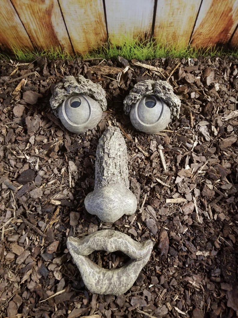 May include: A whimsical garden face sculpture composed of stone-like elements. The sculpture features two large, round eyes with textured 'eyebrows', a nose, and a smiling mouth, all arranged to create a face. The pieces are set in a bed of mulch.