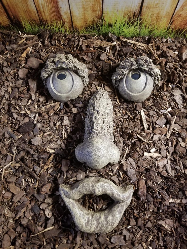 May include: A whimsical garden face sculpture composed of three stone elements: two eyes with textured 'eyebrows', a nose, and a smiling mouth. The pieces are arranged on a bed of mulch, creating a unique outdoor decoration.