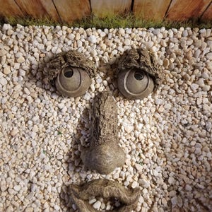 May include: A whimsical garden face sculpture composed of stone elements. The sculpture features two round eyes with textured 'eyebrows', a nose, and a smiling mouth, all set against a backdrop of small pebbles and a wooden fence.