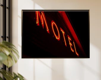 Roten Hotmel Neon Schild Fotografie Druck, Vintage Americana Film Wandkunst (digitaler Download)