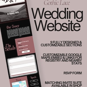 Könnte beinhalten: Eine digitale Hochzeits-Website-Vorlage mit einem schwarz-mauvefarbenen Farbschema und gotischer Typografie. Sie enthält Abschnitte für Our Story, The Details, Venue, Hotels und ein RSVP-Formular mit dem Text Mary & John, 01 August 2026.