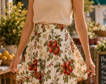 Falda skater con estampado de tomate, falda botánica de tomate, falda de verano con estampado de jardín, atuendo para el mercado agrícola, falda estilo cottagecore