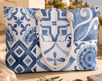Portuguese Tile Weekender Bag, Beach Travel Tote, Azulejo Tote Bag, Coastal Overnight Bag, Mediterranean Travel Bag, Large Beach Tote