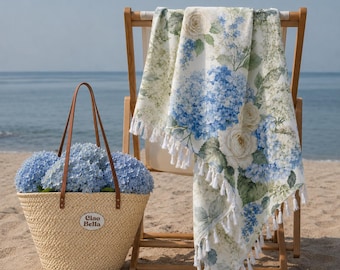 Blue Hydrangea Beach Towel Boho Fringe Floral Beach Cloth, Coastal Cottage Picnic Blanket, Oversized Summer Resort Towel