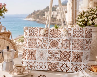 Espresso Azulejo Weekender Bag, Portuguese Brown & White Tile Travel Tote, Coastal Beach Bag, Mediterranean Overnight Carry-On Tote