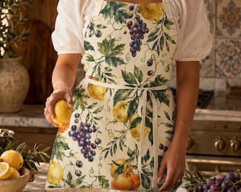 Italian Vineyard Apron, Lemon Grape Vine Kitchen Apron, Citrus Hostess Gift, Mediterranean Cooking Apron