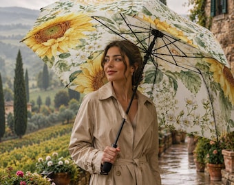 Sunflower Foldable Umbrella, Tuscan Floral Travel Umbrella, Compact Rain Accessory, Yellow Botanical Gift for Her