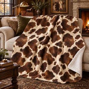 May include: A plush throw blanket featuring a brown and cream cow print pattern on one side and a white sherpa fleece lining on the reverse. The blanket is draped over a sofa, displaying the soft texture of the fabric and the repeating animal spots.