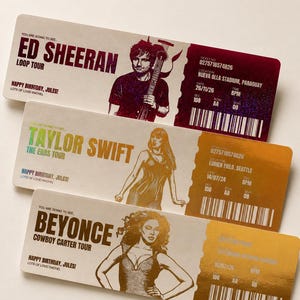 May include: Three concert tickets featuring Ed Sheeran, Taylor Swift, and Beyoncé. The Ed Sheeran ticket is for the Loop Tour, the Taylor Swift ticket is for The Eras Tour, and the Beyoncé ticket is for the Cowboy Carter Tour.