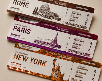 Personalized Gold Foil Boarding Pass Gift Ticket, Custom Surprise Trip Voucher, Holiday Birthday Wedding