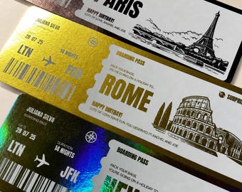 Personalized Luxury Gold Foil Boarding Pass Ticket, Custom Surprise Trip Invitation, Birthday Wedding Holiday