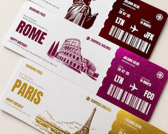 Personalized Luxury Gold Foil Boarding Pass Invitation, Custom Birthday Wedding Holiday Surprise Trip