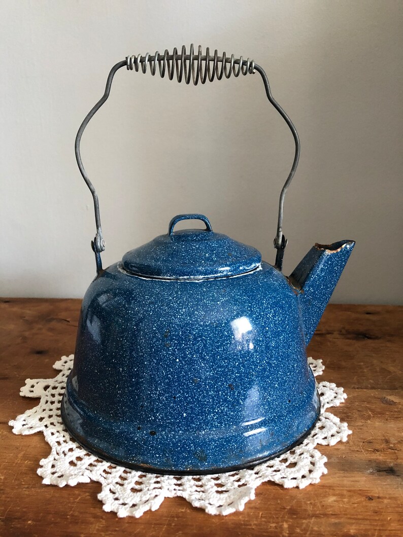 Vintage Blue Speckled Enamelware Tea Pot Vintage Metal Etsy