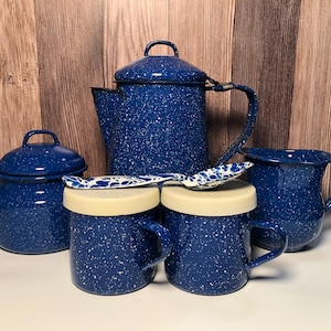 Ensemble de 6 cafetières et ustensiles de service en granit bleu