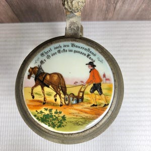 Vintage Goebels Pewter Lidded Glass Beer Stein with Farm Scene