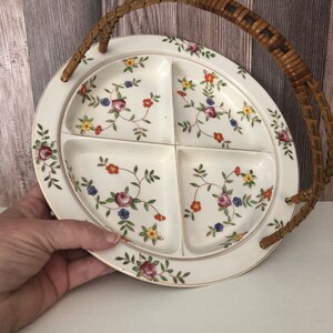 Vintage Hand Painted Japan Floral Four Section Serving Plate with Wicker Handle