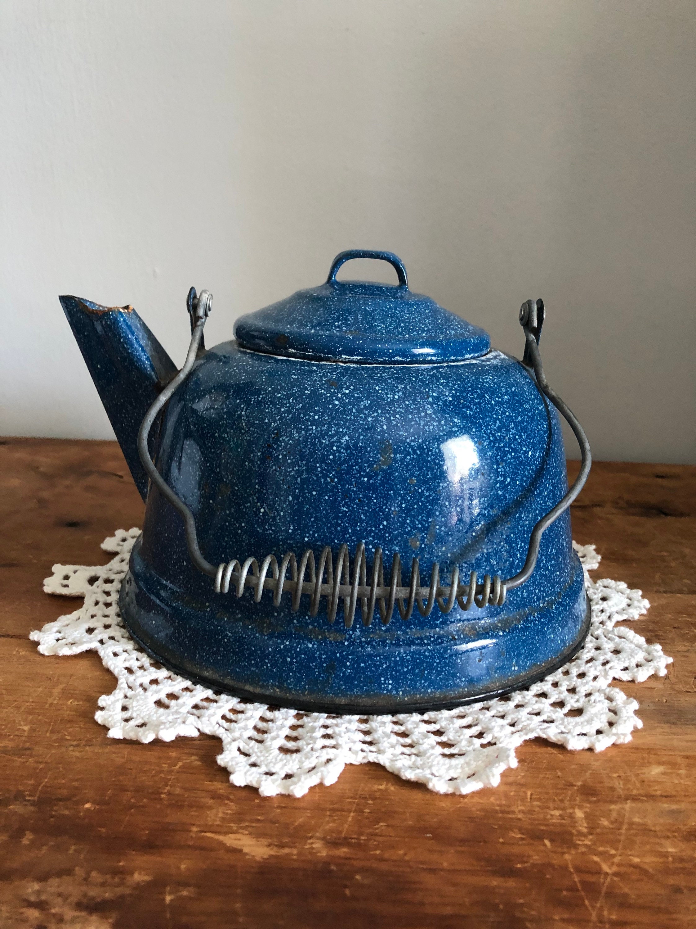 Vintage Blue Speckled Enamelware Tea Pot Vintage Metal Etsy