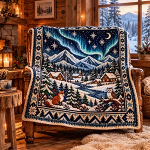 May include: A rectangular crochet blanket featuring a winter landscape with snow-covered mountains, pine trees, a river, cabins, a fox, and an owl under a night sky with the aurora borealis, a crescent moon, and stars, framed by a geometric border.