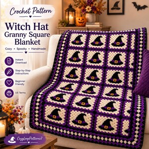 Può includere: Uno schema all'uncinetto per una coperta a piastrelle granny con cappelli da strega. Il testo recita: Crochet Pattern, Witch Hat Granny Square Blanket, Cozy, Spooky, Handmade, Instant Download, Step-by-Step Instructions, Beginner Friendly, US Terms, CozyLoopPatterns7.