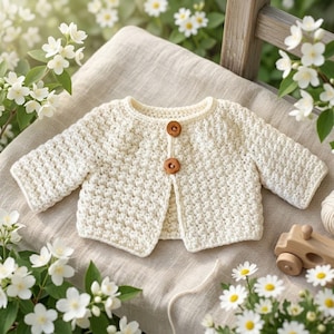 May include: A cream-colored, long-sleeved crochet cardigan featuring a textured stitch pattern and two round, brown wooden buttons down the center front. The garment has a simple round neckline and straight sleeves, showcasing a uniform knit.