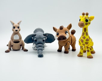 Articulated Safari Animals – 3D Printed Elephant, Giraffe, Warthog, Kangaroo – Desk Toy