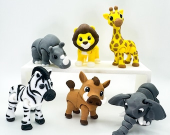 Articulated Safari Animal – 3D Printed Giraffe, Lion, Elephant, Rhino, Zebra or Warthog • Flexible Desk Toy