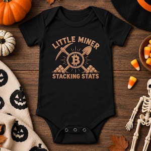 Könnte beinhalten: Ein schwarzer kurzärmeliger Babybody mit einem beigefarbenen Grafikdruck einer Spitzhacke und einer Schaufel, die sich hinter einem Bitcoin-Symbol kreuzen. Der Text LITTLE MINER steht darüber und STACKING STATS darunter, ergänzt durch kleine Steinhaufen.