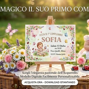 May include: A birthday invitation on a small wooden easel, featuring a watercolor illustration of a baby and butterflies. The invitation reads "SOFIA" and includes event details. A bouquet of flowers and a baby girl are in the background.
