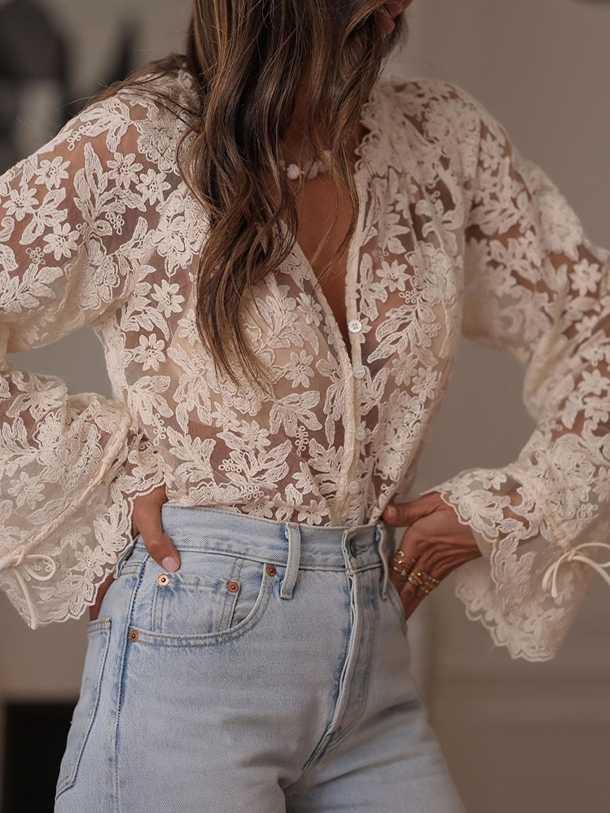 knee length dresses for ladies Nel Sheer Button Up Shirt