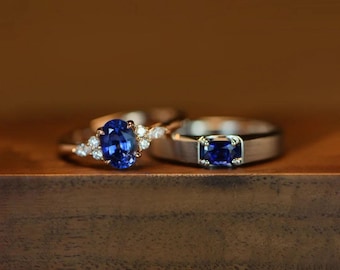 Lab-Grown Sapphire Minimalist Couple Ring Set, Solid Gold Platinum 925 Silver, Matching Bridal Rings, Promise Anniversary Gift