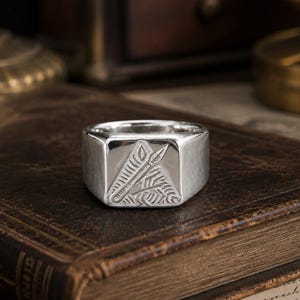 Engraved Signet Ring with Aboriginal Triangular Hunting Motif Spear and Tool Symbols|Sterling Silver,10K,14K,18K Gold,Platinum|Vintage Custo