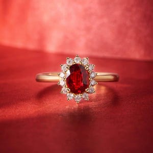 18K Solid Gold, Oval Cut Lab-Grown Ruby Sunburst Halo Ring, Classic Diana Setting, Timeless Gold Tone Fine Jewelry