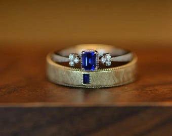 Lab-Grown Sapphire Vintage Couple Ring Set, Rose Gold, Milgrain Detailing, Diamond Accents