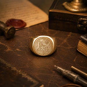 May include: A gold-toned signet ring featuring a circular face with an engraved German Shepherd dog standing in profile. The background of the engraving includes a sun, a crescent moon, and mountain silhouettes within a decorative border.