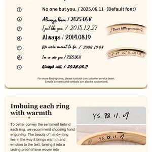 May include: A guide for ring engraving options featuring seven numbered font styles with sample text like 'No one but you' and 'Always have'. It includes images of gold rings with engraved text and a section on hand engraving with a sample date.