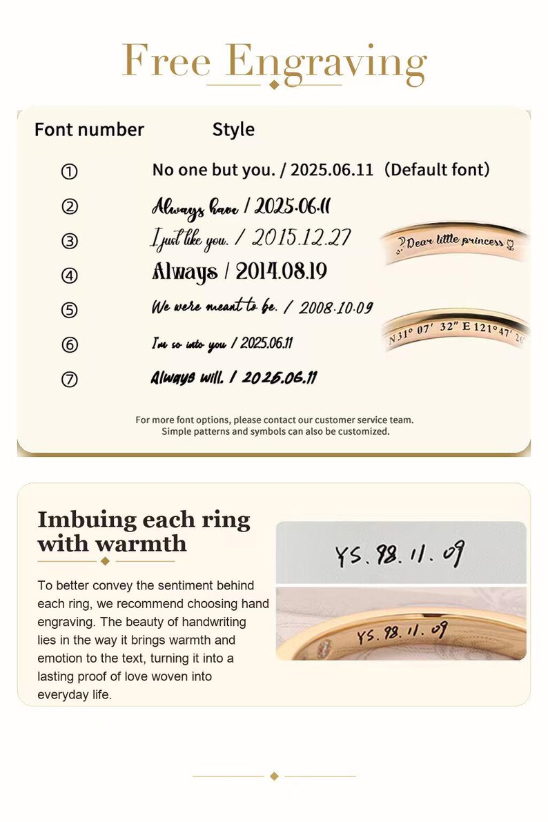 May include: A guide for ring engraving options featuring seven numbered font styles with sample text like 'No one but you' and 'Always have'. It includes images of gold rings with engraved text and a section on hand engraving with a sample date.