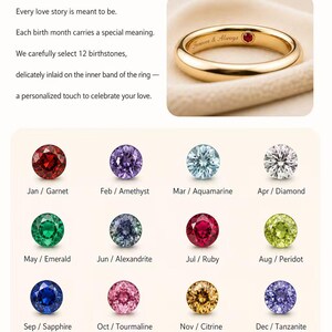 May include: A gold ring with a red gemstone inlaid on the inner band, accompanied by a chart displaying twelve birthstones: Garnet, Amethyst, Aquamarine, Diamond, Emerald, Alexandrite, Ruby, Peridot, Sapphire, Tourmaline, Citrine, and Tanzanite.