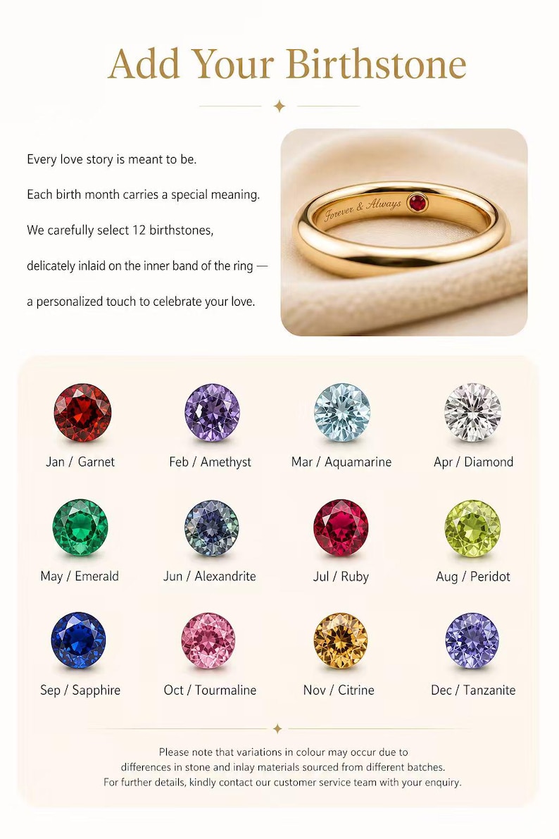 May include: A gold ring with a red gemstone inlaid on the inner band, accompanied by a chart displaying twelve birthstones: Garnet, Amethyst, Aquamarine, Diamond, Emerald, Alexandrite, Ruby, Peridot, Sapphire, Tourmaline, Citrine, and Tanzanite.