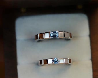 Lab-Grown Aquamarine Geometric Couple Ring Set, Solid Gold Platinum 925 Silver, Matching Minimalist Bridal Rings, Promise Anniversary Gift