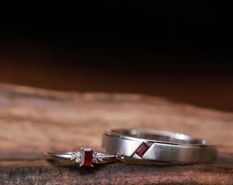 Lab-Grown Ruby Geometric Couple Ring Set, Solid Gold Platinum 925 Silver, Matching Bridal Rings, Promise Anniversary Gift
