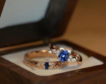 Lab-Grown Sapphire Vintage Vine Ring Set, Rose Gold, Bridal Promise Anniversary Gift