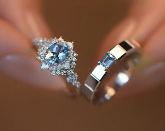 Conjunto de anillos geométricos para parejas con aguamarina cultivada en laboratorio, oro macizo, platino y plata 925, anillos de boda modernos a juego, regalo de aniversario de promesa