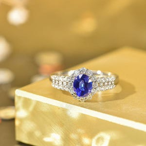 18K Solid Gold, Oval Cut Lab-Grown Sapphire Double Halo Ring, Pave Diamond Band, Bridal Statement Fine Jewelry