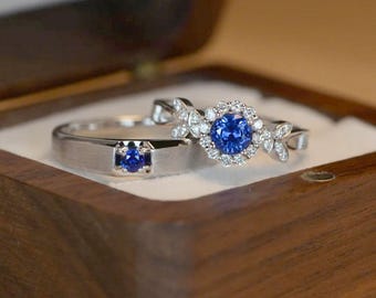 Sapphire Couple Ring Set, Round Flower Halo Engagement Ring with Leaf Diamond Accents , Matching Bridal Fine Jewelry