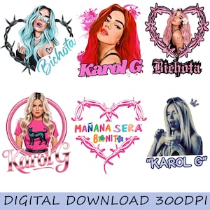 May include: A collection of six digital graphic designs featuring illustrations of Karol G. The images include portraits with blue, red, pink, and blonde hair, barbed wire heart frames, the text Bichota, Karol G, and Mañana Sera Bonito.