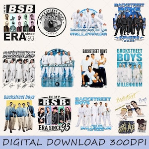 Puede incluir: Una colección digital de doce diseños gráficos que presentan al grupo musical Backstreet Boys, incluyendo varios retratos, imágenes de conciertos, logotipos de texto y firmas, presentados en una cuadrícula para descarga digital a 300 DPI.