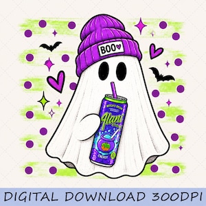 May include: A white ghost illustration wearing a purple beanie with a BOO patch, holding a purple Alani Witch's Brew energy drink can. The background features lime green horizontal brush strokes, purple polka dots, black bats, and purple hearts.