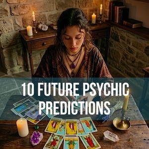 May include: A wooden table covered with tarot cards, a bundle of dried lavender, a brass candle holder with a yellow candle, a white pillar candle, and a purple crystal. The text 10 FUTURE PSYCHIC PREDICTIONS is overlaid on the image.